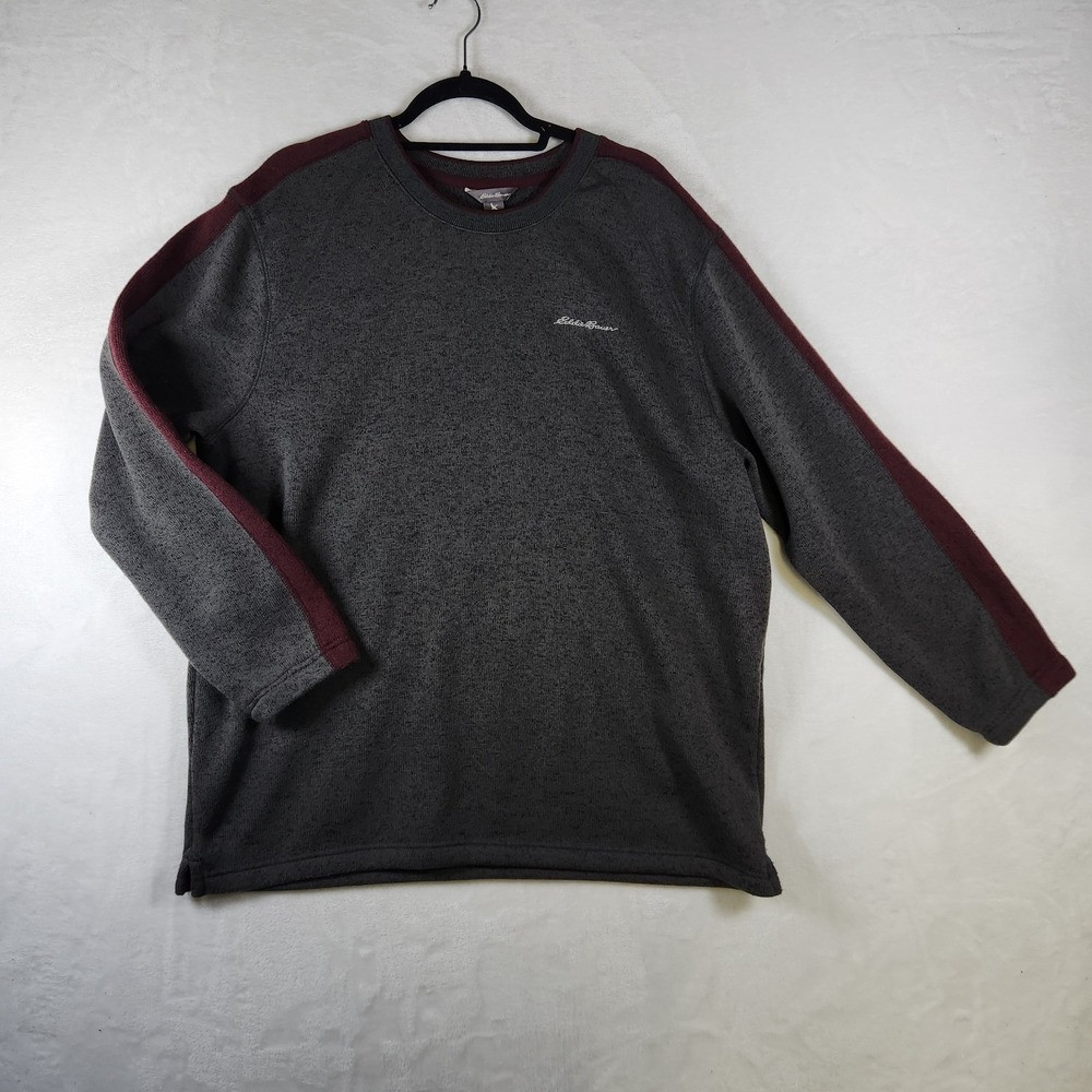 Eddie Bauer Men's XL Gray Maroon Trim Crewneck Pullover Fleece Sweater - Picture 1 of 9